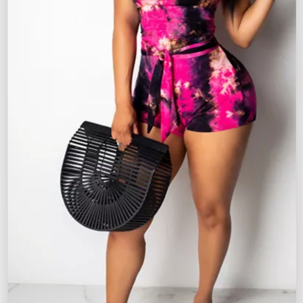 Pink and black wrap around romper